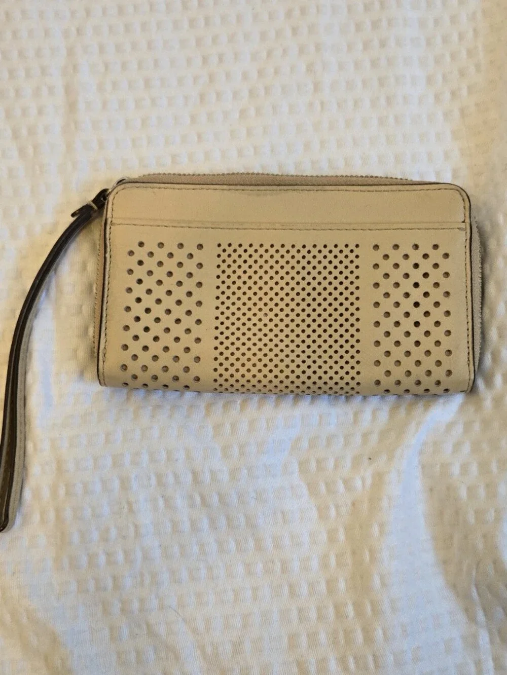 COACH Beige Perforated Zip Wristlet Wallet with Wrist Strap